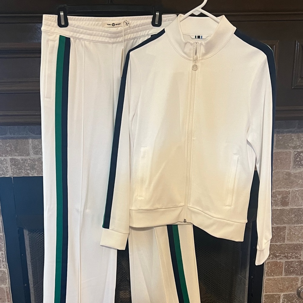 Tory Sport White Track Suit with Green and Black Stripes